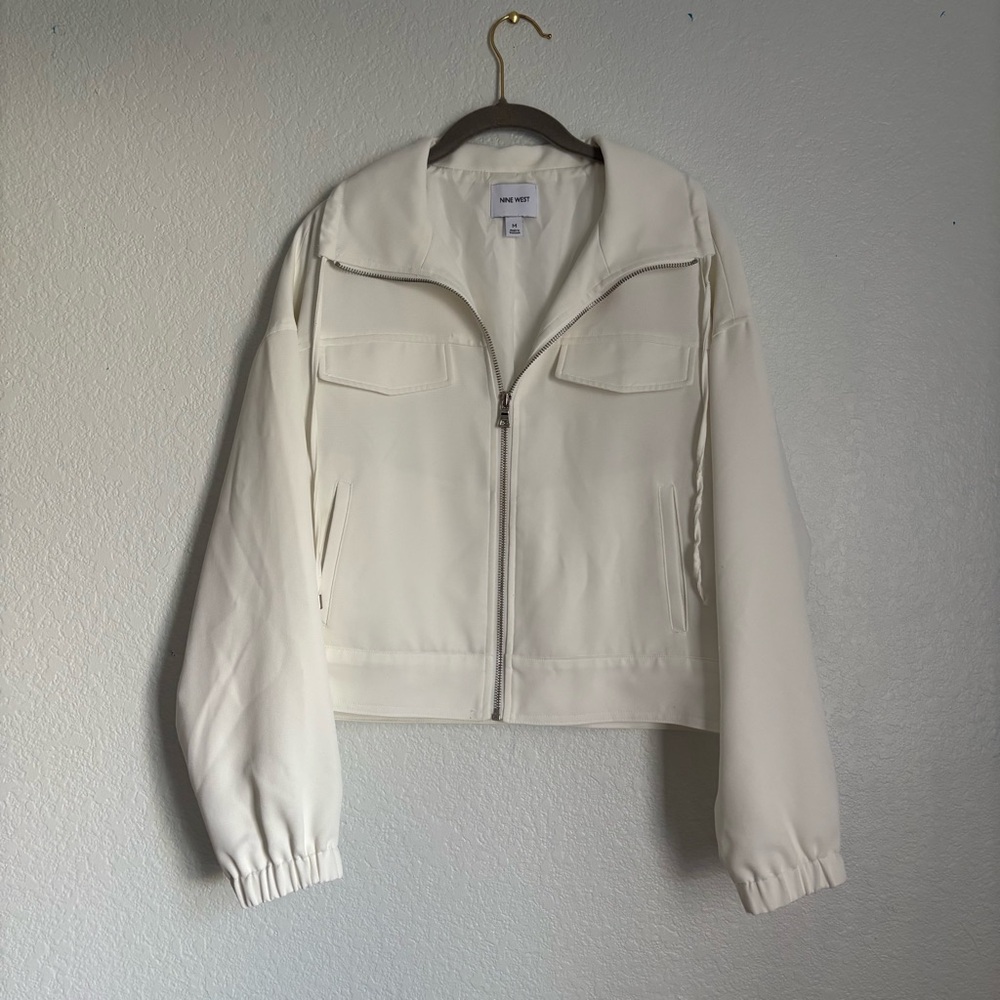 Nine West White Zip Front Collared Basic Jacket Short Long Sleeve Pockets M